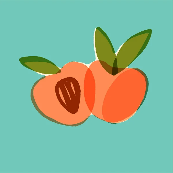 新鮮な桃のペアとかわいいレトロスタイルのポスター カード またはバナーは 誤植効果を持つターコイズの背景にあります ヴィンテージスタイルのミニマルフルーツベクトル絶縁イラスト — ストックベクタ