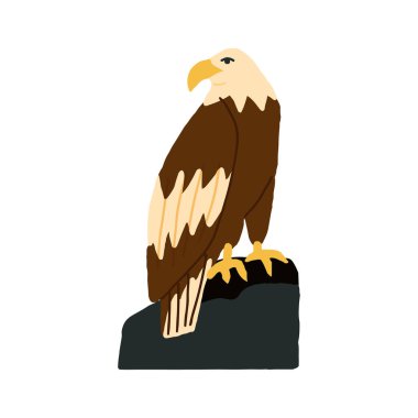 Güzel Amerikan kel kartalı sakince kayanın üzerinde oturuyor. Bir amblem, bir ikon, özgürlüğün sembolü, bağımsızlığın. Bir şahin, vahşi doğadaki şahin yırtıcı kuş. Gerçekçi vektör izole çizimi.