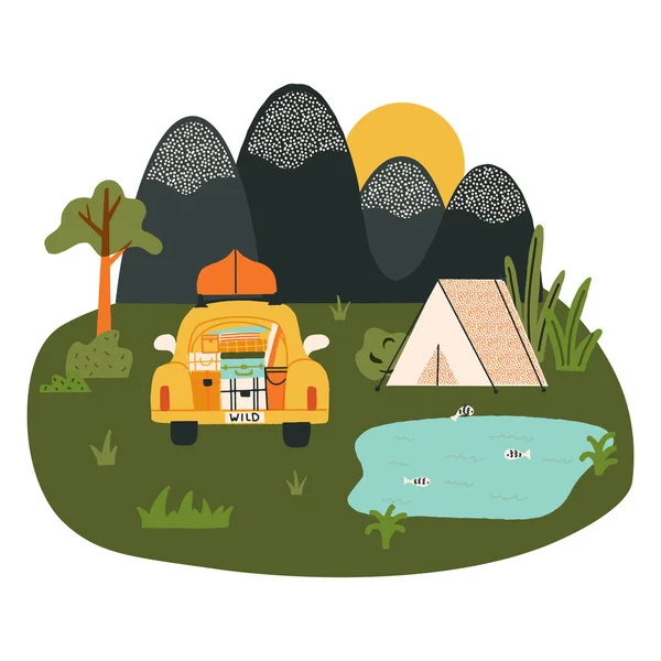 Camping landscape with a meadow, a mountain lake, a parked car with luggage and a boat on the top, and a tourist tent. Nature recreation, relaxing vacation scene. Retro-style vector illustration.