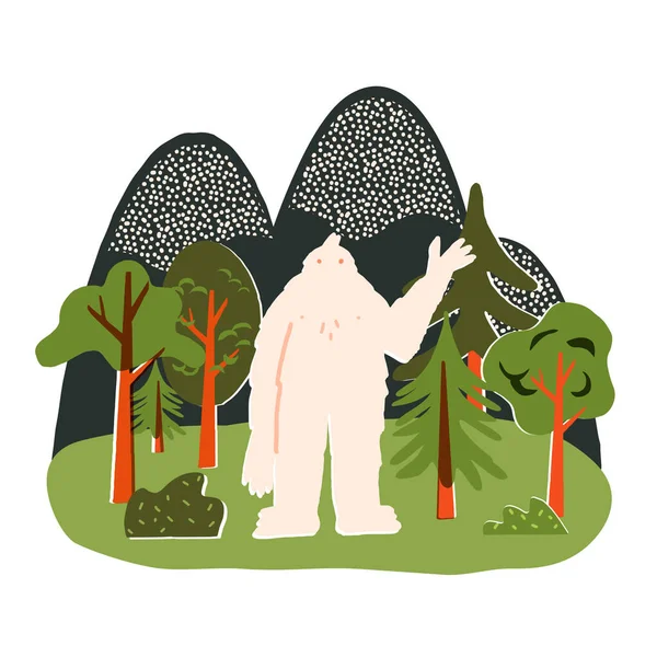 Милый Природный Ландшафт Деревьями Горами Забавным Приветствием Йети Машущей Рукой — стоковый вектор