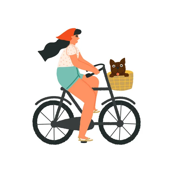 Mujer Monta Una Bicicleta Una Bicicleta Con Una Cesta Bulldog — Vector de stock
