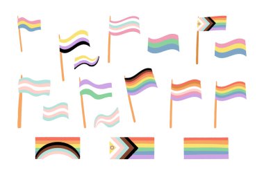 LGBTQ artı topluluk bayrakları koleksiyonu. Rüzgarda sallanan gökkuşağı bayrağı, transseksüel, çift cinsiyetli olmayan kişi, cinsiyet eşcinsel, lezbiyen, panseksüel insan sembolleri. Kutlama Gurur Ayı. Vektör düz simgesi ayarlandı.