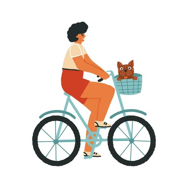 Hispanic Man Woman Rides Cycle Bike Basket Her French Bulldog — Stock Vector
