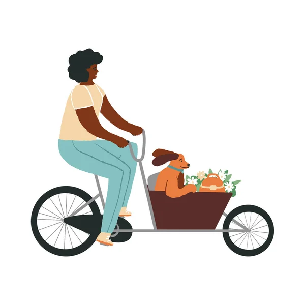 一个女人骑着一辆货轮或面包房自行车 她可爱的猎犬坐在购物车 袋子和附近的花束里 荷兰的传统交通工具 户外家庭娱乐活动 与宠物一起骑马 — 图库矢量图片