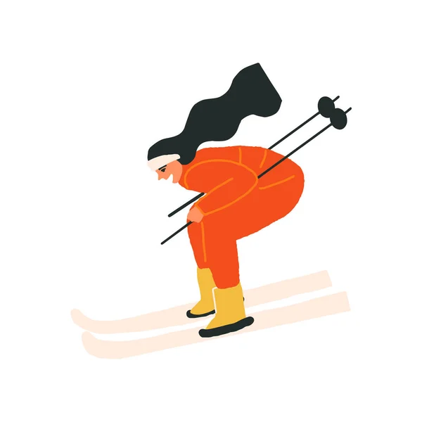 Милая Лыжница Красном Комбинезоне Катается Лыжах Время Зимних Каникул Наслаждаясь — стоковый вектор
