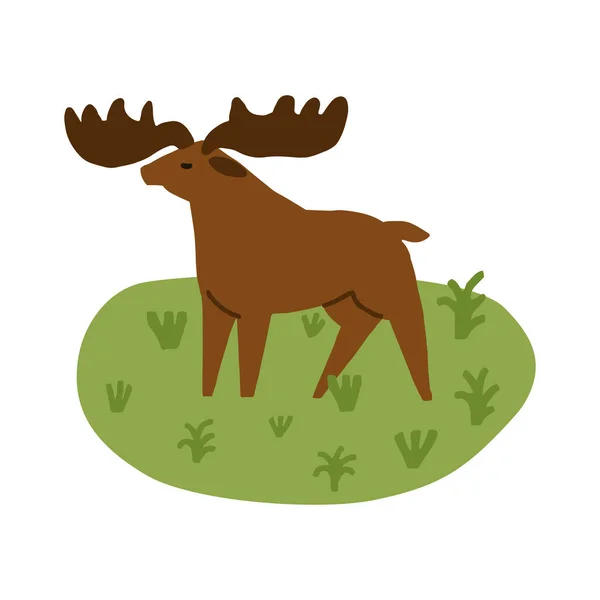 Cute Elk Big Brown Moose Stag Meadow Childish Hand Drawn — Stock Vector