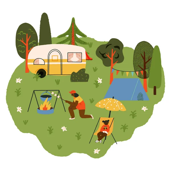 かわいいレトロなキャンプ風景 彼女の小さな娘が彼女の隣に座っているためにたき火でマシュマロを揚げているシングルマザー 彼らのキャンパーと観光テントは近くにあり 森林に囲まれています ストックイラスト