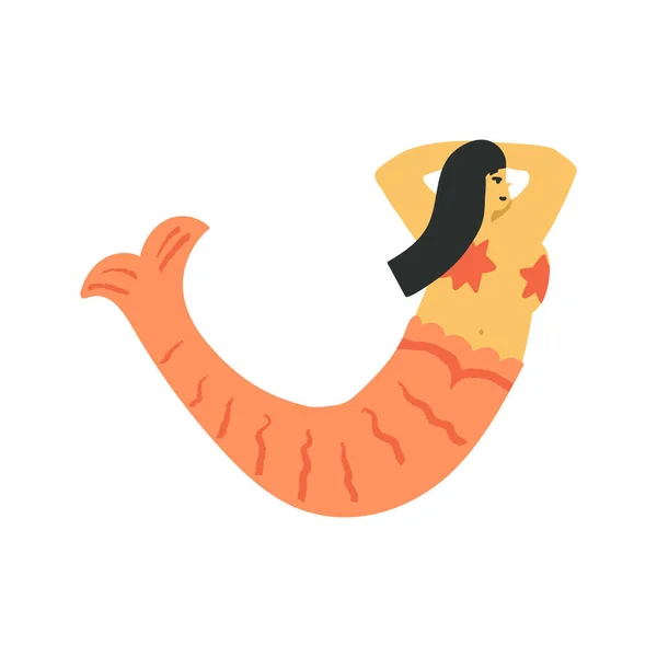 Cute Oriental Chubby Mermaid Long Hair Happily Dancing Asian Seamaid — Stock Vector