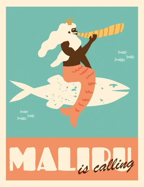 かわいいレトロスタイルの夏のポスターデザイン マーマンアートプリント 灰色の銀の髪をしたアフリカ系アメリカ人の老人が巨大な魚に乗ってトランペットを吹いて ホーンで音楽を演奏します マリブはテキストを呼んでる — ストックベクタ