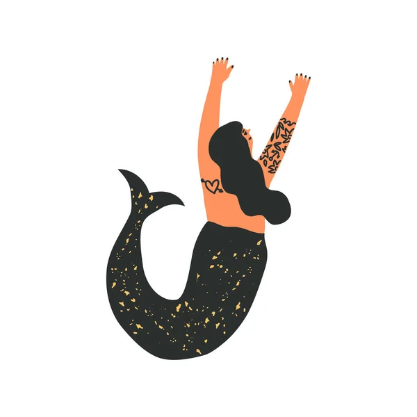 Cute Goth Asian Oriental Mermaid Tattoos Black Nails Enjoys Swimming — Stock Vector