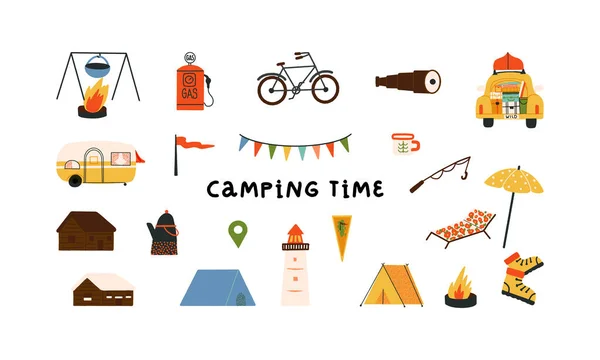 Resor Camping Semester Retro Samling Friluftsliv Upptäcktsresande Saker Vektor Uppsättning Royaltyfria Stockvektorer