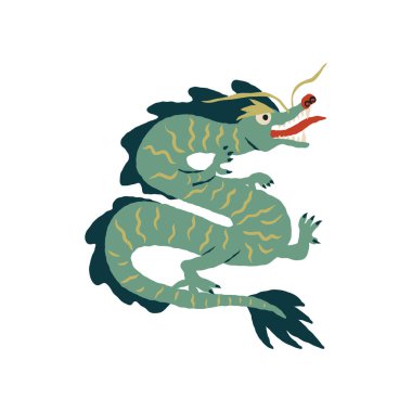 Asyalı yeşil tahta ejderha, ay sembolü 2024 Yeni Yıl Geleneksel Asya mitolojik hayvanı. Retro titreşimlerle elle çizilmiş vektör çizimi.