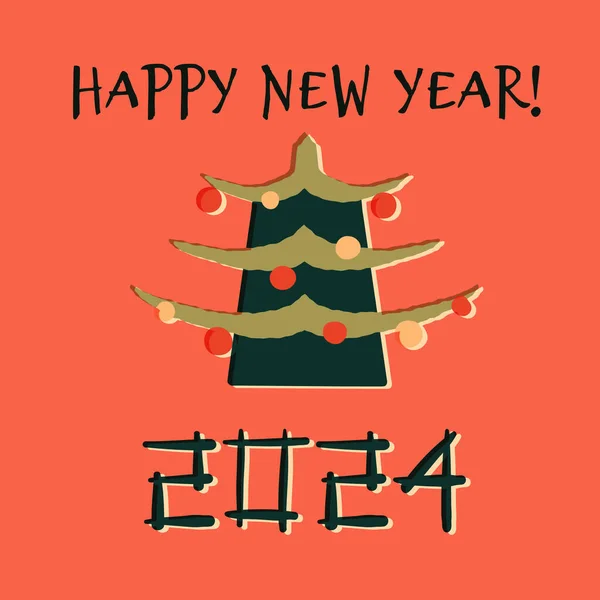 Boldog Évet Vicces Üdvözlőlapot Kézzel Felirat 2024 Karácsonyfa Formájában Kínai — Stock Vector