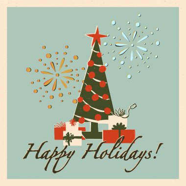 İçinde hediye kutuları ve arka planda havai fişekler olan şirin bir Noel Ağacı olan eski mutlu bayramlar tebrik kartı. Vektör kartı, afiş, poster ve el yazması tasarım
