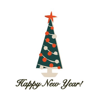 Mutlu yıllar, yüzyılın ortalarında bir yıldızla süslenmiş ve takılar takan Noel Ağacı tarzı tebrik kartı. Vektör kartı, afiş, poster ve el yazması tasarım.