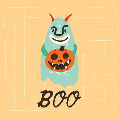 Boynuzları olan, elinde bir balkabağı tutan, ellerinde tüyler ürpertici bir gülümseme ve Boo mesajı olan tuhaf bir hayalet. Cadılar Bayramı tebrik kartı, el yapımı pankart.
