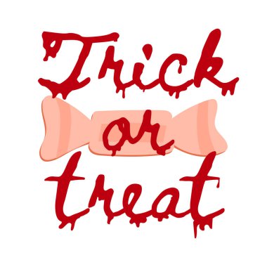 Akan mesajlar, şeker mi şaka mı ve arka plandaki şekerler, Cadılar Bayramı 'nın ürkütücü sıvı harfleri taklidi. Vektör tipografisi izole edilmiş illüstrasyon, t-shirt baskı tasarımı.