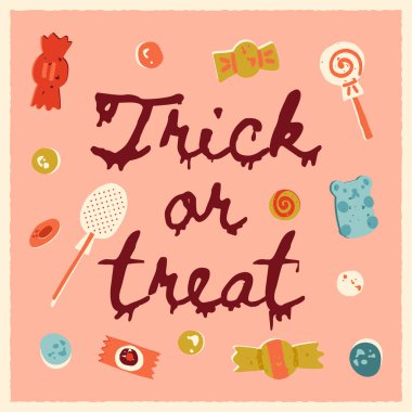 Arkaplanda şeker ya da şekerleme damlatan kanlı bir metin, Cadılar Bayramı 'nın ürkütücü kart tasarımı. Vektör tipografi afişi, poster, sanat baskısı tasarımı.