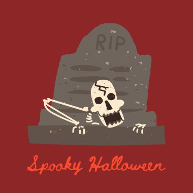 Ürkütücü Cadılar Bayramı tebrik kartı, sanat baskısı, mezarından fırlayan ürkütücü bir insan iskeleti ve tabuttan yanan kırmızı gözbebekleri olan bir zombi. El çizimi vektör tasarımı.