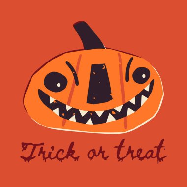 Eski tarz Cadılar Bayramı tebrik kartı tasarımı, ürkütücü balkabağı kabağı tebessümü, şaka mı şeker mi mesajı. Vektör posteri, resim baskısı tasarımı.