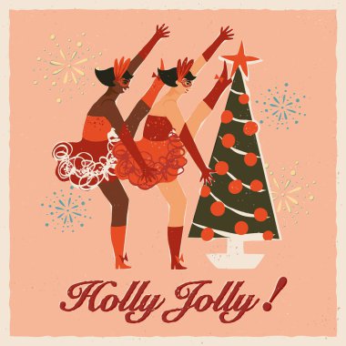 Tatlı dansçı kabare kızları, Noel ağacının yanındaki Noel partisinde mutlu kadınlar dans ediyor, yeni yıl partisi havai fişeklerle maskeleniyor. Holly Jolly selamı. Retro orta yüzyıl stil vektör tasarımı