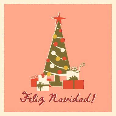 Mutlu Noeller İspanyol retro tebrik kartıyla, takılar, yıldızlar ve peri ışıklarıyla süslenmiş şirin bir Noel Ağacı ile. Vektör vintage orta yüzyıl stili kart tasarımı.
