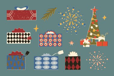 Klasik sanat deco, yüzyılın ortalarında Noel hediye paketleri fiyonklu ve kurdeleli Noel kutuları, süslü Noel ağacı, havai fişekler, yeni yıl paketleri, doğum günü sürprizleri ve ambalajlar. Vektör elle çizilmiş Clipart.
