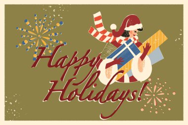 Yüzyıl ortası tarzı Noel kartpostalı, Mutlu bayramlar klasik tebrik kartı. Havai fişekler ve kucak dolusu hediye kutusunu tutan Noel Baba bir bayan. Yeni Yıl kutlama vektörü illüstrasyonu.