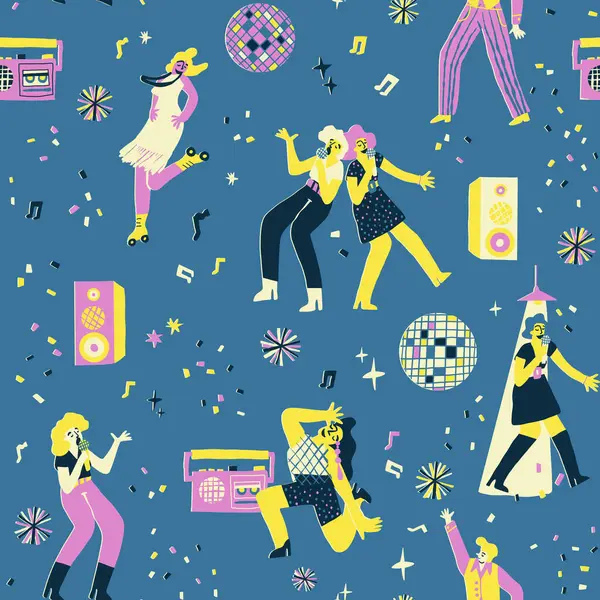 Dancing Disco Party Seamless Pattern Karaoke Night Repeat People Having — Stock Vector