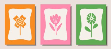 Set of cartoon bright posters with flowers and butterflies. Vector illustration