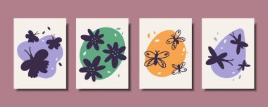 Set of abstract posters with butterflies and flowers. Vector illustration.