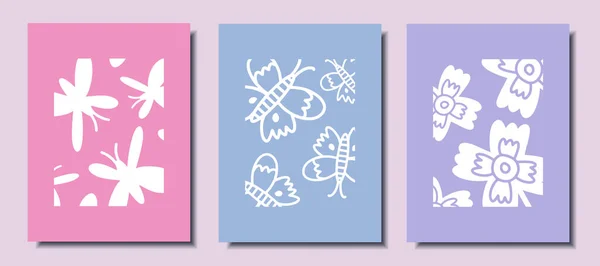 Floral Poster Set Abstract Flowers Abstract Butterflies Vector Illustration — Vetor de Stock