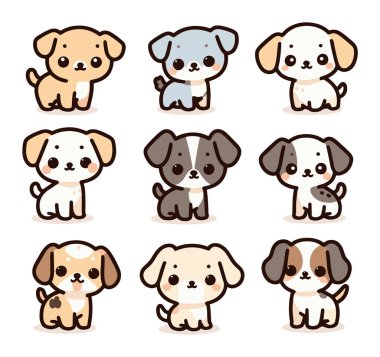 Değişik renkleri ve lekeleri olan dokuz sevimli çizgi film yavrusu. Sevimli ifadeleri olan mutlu kawaii köpek karakterleri. Hayvan severler, hayvan koleksiyonu vektör illüstrasyonu.
