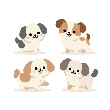 Bu vektör illüstrasyonunda farklı pozlarda sevimli köpek yavrularının bir derlemesi gösterilir.
