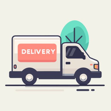 Arka planda ağaçlar olan bir teslimat minibüsü yolda. Kırmızı DELIVERY işaretli beyaz kamyon. Çevrimiçi alışveriş ve hızlı ulaşım hizmeti temsilciliği.
