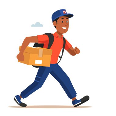 Gülümseyen bir kurye vektör illüstrasyonunda arkasında bulutlar olan büyük bir paket tutuyor..