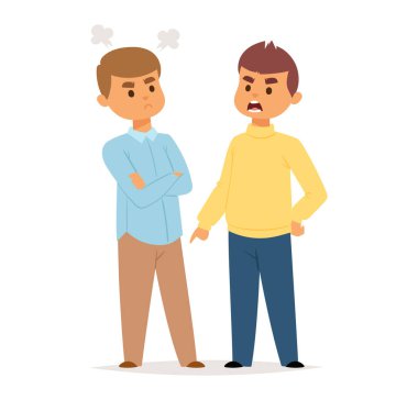 İki adam tartışıyor, biri kollarını kavuşturmuş, diğeri öfkeyle el kol hareketi yapıyor. Çatışma, anlaşmazlık ve duygu konsepti vektör çizimi.
