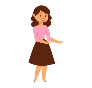 Ayakta gülümseyen genç bir kadın, avuç içi açık el işaretleri, arkadaş canlısı bir kadın karakteri. Günlük kıyafet, pozitif ifade, iletişim konsepti vektör çizimi.