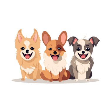 Üç çizgi film köpeği gülümsüyor ve vektör illüstrasyonunda yan yana oturuyorlar..