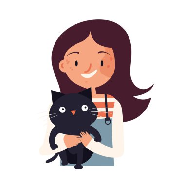 Bir kız bu renkli vektör illüstrasyonunda mutlu bir siyah kedi tutuyor..