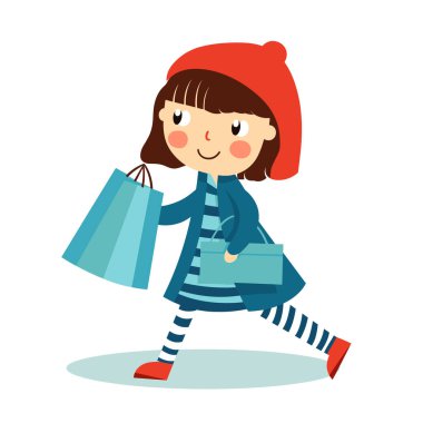 Mutlu bir çizgi film kızı elinde poşetlerle gezer..