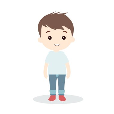 Gülümseyen bir çizgi film çocuğu günlük giysiler içinde mutlu bir şekilde durur..