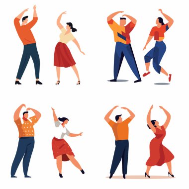 Neşeli dans eden üç çift, renkli kıyafetler, modern düz tasarım. Enerjik dans hareketleri, mutlu erkek ve kadın çizimleri. Dinamik pozlar ve eğlenceli parti konsepti vektör çizimi.
