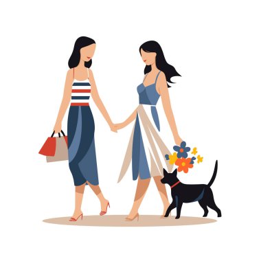 Alışveriş torbası ve çiçek taşıyan köpekle yürüyen iki kadın. Modern gündelik tarz, kadın arkadaşlığı, boş zaman. Arkadaşlık günü kutlaması, şehir hayatı, evcil hayvan severler vektör illüstrasyonu.