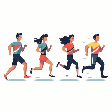 Koşan dört farklı insan, atletik günlük kıyafetler, dinamik duruş. Eğlence aktivitesi, fitness rutini, maraton eğitim vektör illüstrasyonu.