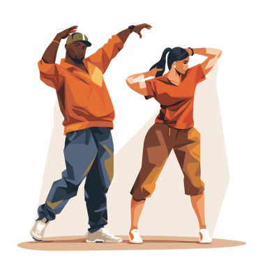 Hip-hop hareketleri yapan çok kültürlü dansçılar. Afrikalı Amerikalı erkek ve Asyalı kadın sokak dansı ikilisi. Şehir dans kültürü ve dinamik performans vektörü çizimi.