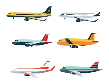 Uçuşta ve karada çeşitli ticari yolcu uçaklarının toplanması. Farklı havayolları ve uçak modellerinin yan görüntüsü. Hava yolculuğu ve ulaşım vektörü çizimi.