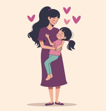 Asyalı bir anne, genç kızını kucaklıyor. İkisi de gülümsüyor. Kalpleri olan sıcak bir aile anı. Anne sevgisi ve çocuk rahatlatma vektörü çizimi.