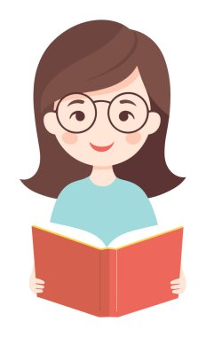 Gözlüklü genç kız gülümsüyor ve kırmızı bir kitap okuyor. Neşeli çocuk kitaptan hoşlanıyor. Eğitim ve öğrenme kavramı. Mutlu çocuk vektör çizimlerini okumayı seviyor..