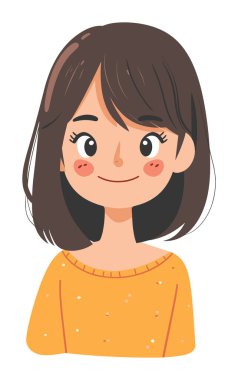 Kahverengi saçlı, neşeli yüzlü, sarı bluzlu genç bir kız. Çizgi film kadın karakteri gülümsüyor, şirin bir tarzı var. Gençlik portresi çizimi.